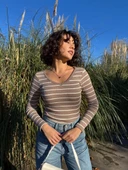 V yaka çizgili bluz bej A3699 thumbnail 1