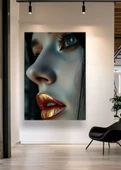 Altın Dudak Sanatsal Kadın Portre Kanvas Tablo Modern Duvar Dekorasyonu - 1