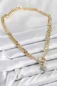 Pirinç Zirkon Taşlı Nazar Boncuk Detaylı Klasik Zincir Model Gold Renk Kadın Kolye - TJ-BKO10482 - 2
