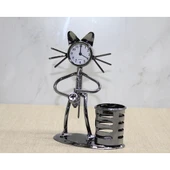 Metal Saksafon Çalan Kedi Müzisyen Saat Ve Kalemlik Alk4343 - 1