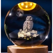 Dekoratif Baykuş Tasarımlı Ahşap Altlıklı Işıklı Cam Küre Büyük Boy 8cm - 1