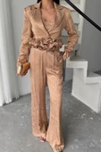 JAKARLI BLUZU TASARIM DETAYLI CEKET-PANTOLON-BLUZ 3 LÜ TAKIM - Bej - 3