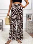 Kadın Yüksek Bel Beli Lastikli Bağcıklı Leopar Desenli Süprem Pantolon - 5