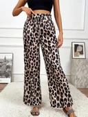 Kadın Yüksek Bel Beli Lastikli Bağcıklı Leopar Desenli Süprem Pantolon - 1