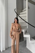 JAKARLI BLUZU TASARIM DETAYLI CEKET-PANTOLON-BLUZ 3 LÜ TAKIM - Bej - 2