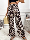 Kadın Yüksek Bel Beli Lastikli Bağcıklı Leopar Desenli Süprem Pantolon - 2