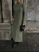 Boğazlı kalın bürümcük uzun elbise yeşil - 3
