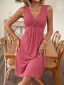 Kadın Askılı V Yakalı önü Düğüm Detaylı Viskon Elbise - 2