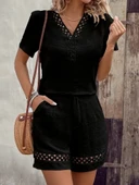 Kadın Kısa Kollu V Yakalı Dantel Detaylı Bürümcük Bluz Ve Short Ikili Takım thumbnail 3