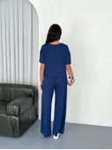 Osy Modal Yumuşak Dokulu Kumaş Bisiklet Yaka T-shirt Bol Paça Pantalon Ikili Takım -Saks Mavi - 3