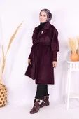Bel Kuşaklı Yaka Taş Broş Detaylı Kaban 7874 Mor thumbnail 2