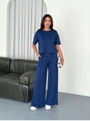 Osy Modal Yumuşak Dokulu Kumaş Bisiklet Yaka T-shirt Bol Paça Pantalon Ikili Takım -Saks Mavi - 4