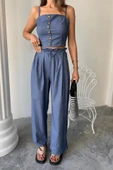 TENCEL CROP ASKILI BLUZ - ŞALVAR PANTOLON TK - İndigo - 3