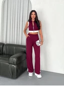 Osy Modal Yumuşak Dokulu Kumaş Tam Fermuarlı Crop Pantalon İkili Takım - Bordo - 1