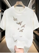 Baskılı Oversize Bisiklet Yaka T-shirt - Beyaz - 1