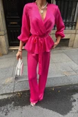 SATEN KRUVAZE BAĞLAMALI BLUZ- PANTOLON TAKIM - Fuşya - 3
