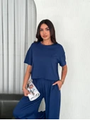 Osy Modal Yumuşak Dokulu Kumaş Bisiklet Yaka T-shirt Bol Paça Pantalon Ikili Takım -Saks Mavi - 1