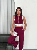 Osy Modal Yumuşak Dokulu Kumaş Tam Fermuarlı Crop Pantalon İkili Takım - Bordo - 4