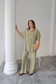 KETEN BELDEN BÜZGÜ DETAYLI GÖMLEK - PANTOLON TAKIM - Yeşil - 1