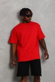 Unisex Oversize Düz Bisiklet Yaka T-Shirt - Kırmızı thumbnail 4