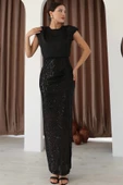 Saten Kombinli Payetli Kalem Elbise 6044-Siyah thumbnail 2