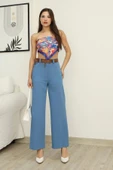 Aksesuar Ve Kemer Detaylı Palazzo Kumaş Pantolon 6115-İndigo thumbnail 3
