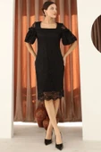 Kare Yaka Balon Kollu Dantel Elbise 6039-Siyah thumbnail 3