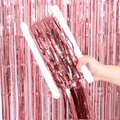 Ekstra Metalize Parlak Saçaklı Arka Fon Perde Rose Gold thumbnail 3