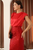 Saten Kombinli Payetli Kalem Elbise 6044-Kırmızı thumbnail 5
