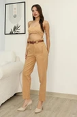 Kemer Detaylı Pileli Gabardin Kumaş Pantolon 6158-Camel thumbnail 2