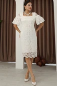 Kare Yaka Balon Kollu Dantel Elbise 6039-Beyaz thumbnail 1