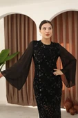 Pulpayet ve Şifon Kollu Kadife Midi Elbise 6045-Siyah thumbnail 3