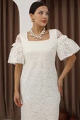 Kare Yaka Balon Kollu Dantel Elbise 6039-Beyaz thumbnail 3