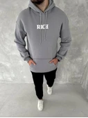 Uzun Kol Kapşonlu Göğüs Baskılı SweatShirt - Gri - 1