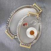 Schafer Ela 2 li Oval Çay Tepsisi-Platin02 - 1