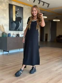 Kadın Kısa Kollu Yuvarlak Yaka Yandan Yırtmaçlı Midi Viskon Elbise - 6