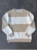 Parçalı Bisiklet Yaka Baskılı SweatShirt - Bej - 1