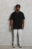 Unisex Oversize Düz Bisiklet Yaka T-Shirt - Siyah - 1