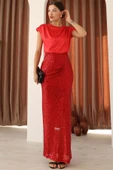 Saten Kombinli Payetli Kalem Elbise 6044-Kırmızı thumbnail 2