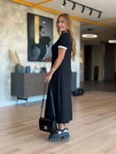 Kadın Kısa Kollu Yuvarlak Yaka Yandan Yırtmaçlı Midi Viskon Elbise - 5