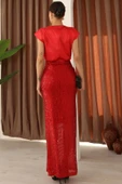 Saten Kombinli Payetli Kalem Elbise 6044-Kırmızı thumbnail 6