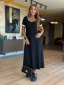 Kadın Kısa Kollu Yuvarlak Yaka Yandan Yırtmaçlı Midi Viskon Elbise - 2