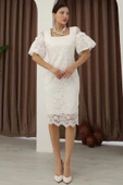 Kare Yaka Balon Kollu Dantel Elbise 6039-Beyaz thumbnail 2