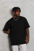 Unisex Oversize Düz Bisiklet Yaka T-Shirt - Siyah - 3