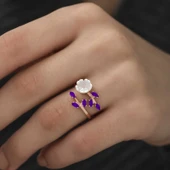Gümüş Rose Mor Yapraklı Bahar Çiçeği Yüzük thumbnail 3
