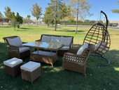 Ayaz 7 Kişilik Rattan Bahçe Oturma Grubu  3+1+1 Koltuk, Cam Masa Ve 2 Puf Hediyeli Salincakli - 3