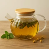 Dekorasyaa Isıya Dayanıklı Süzgeçli Cam Bambu Demlik 1000ml - 1