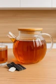 Dekorasyaa Isıya Dayanıklı Süzgeçli Cam Bambu Demlik 1000ml - 5