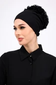 Loggia 6lı Siyah Tesettür Seti - Topuz Tokası, Eşarp Bandı, Klips, İç Başörtüsü, Düz Bone, Fırfırlı Bone thumbnail 2
