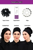 Loggia 6lı Siyah Tesettür Seti - Topuz Tokası, Eşarp Bandı, Klips, İç Başörtüsü, Düz Bone, Fırfırlı Bone thumbnail 1